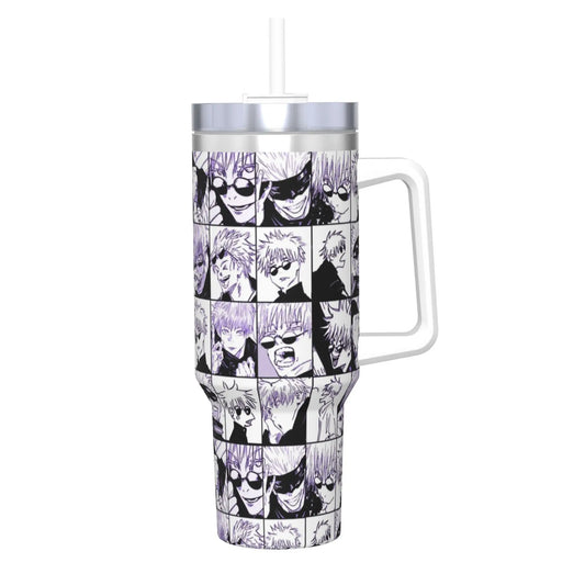 Gourde isotherme Jujutsu Kaisen Gojo Violet, motifs anime en noir et violet, avec poignée