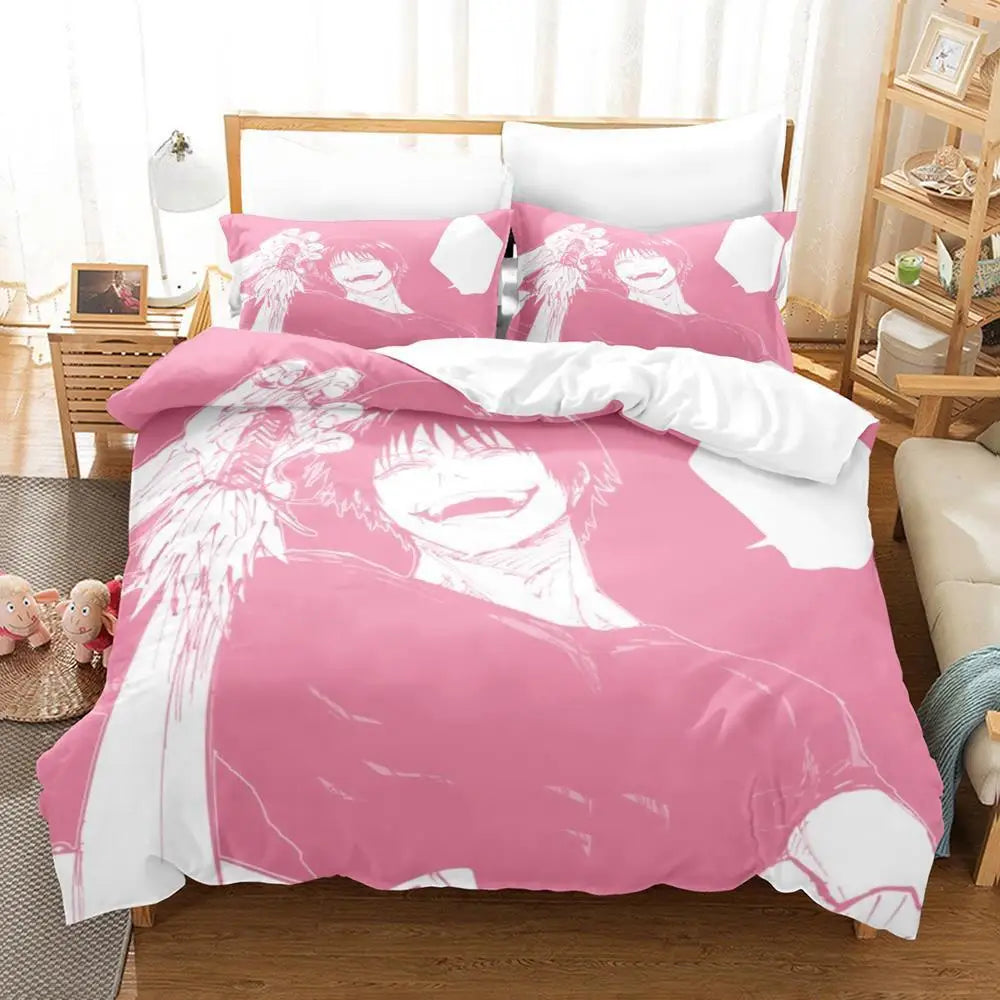 Parure de lit rose avec motifs jujutsu et taies assorties, style Toji Smile