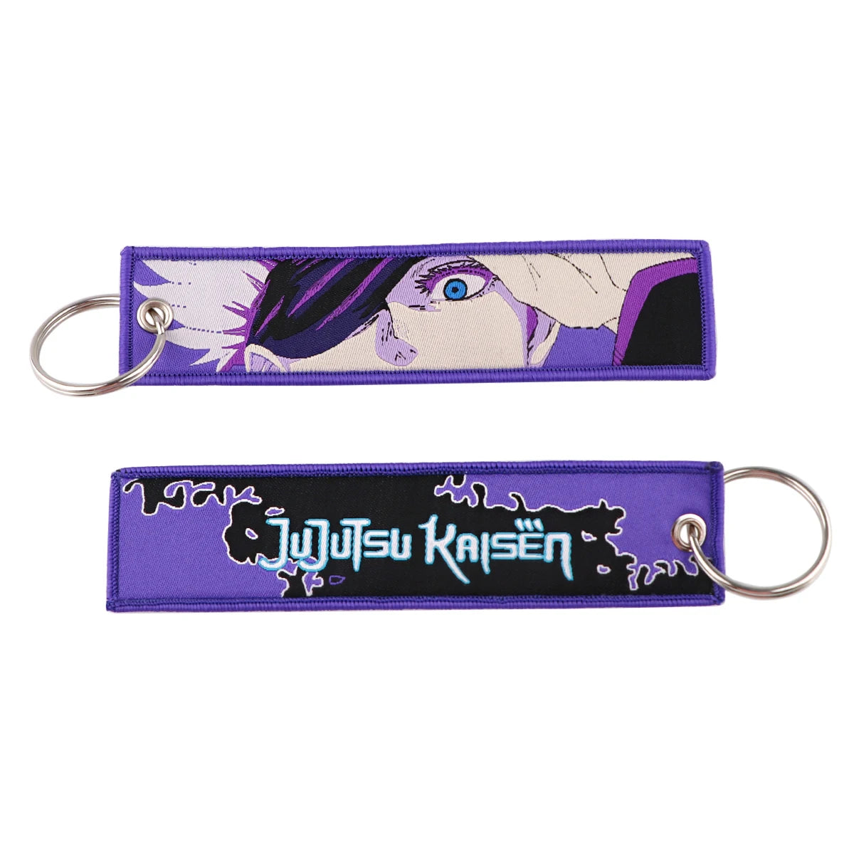 Porte-clés Jujutsu Kaisen Gojo Regard Violet : violet en tissu avec illustration anime et anneau métallique.
