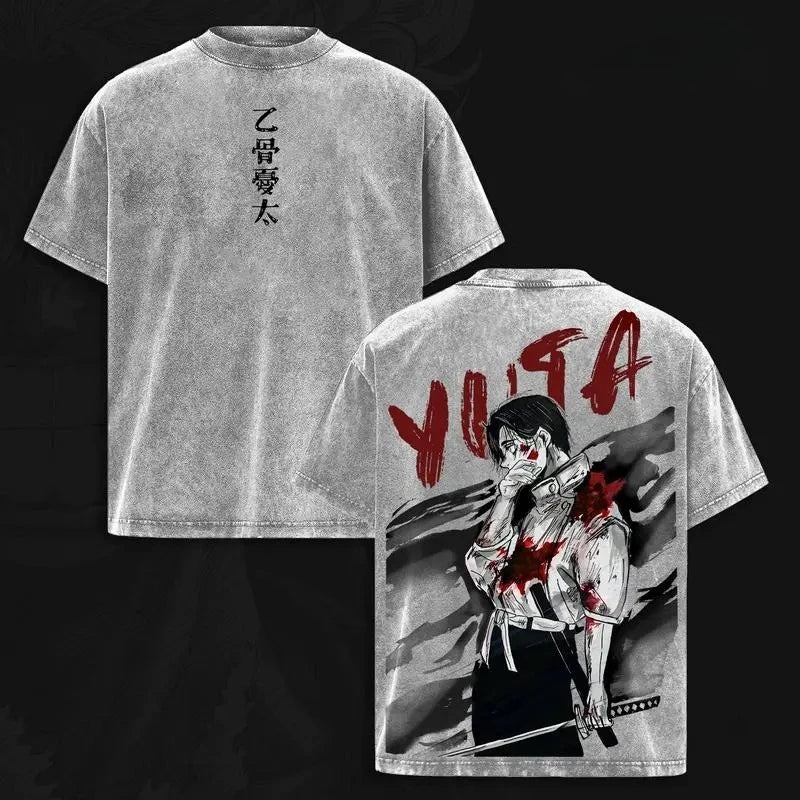 T-shirt gris à col rond, impression Yuta Sang au dos et au devant