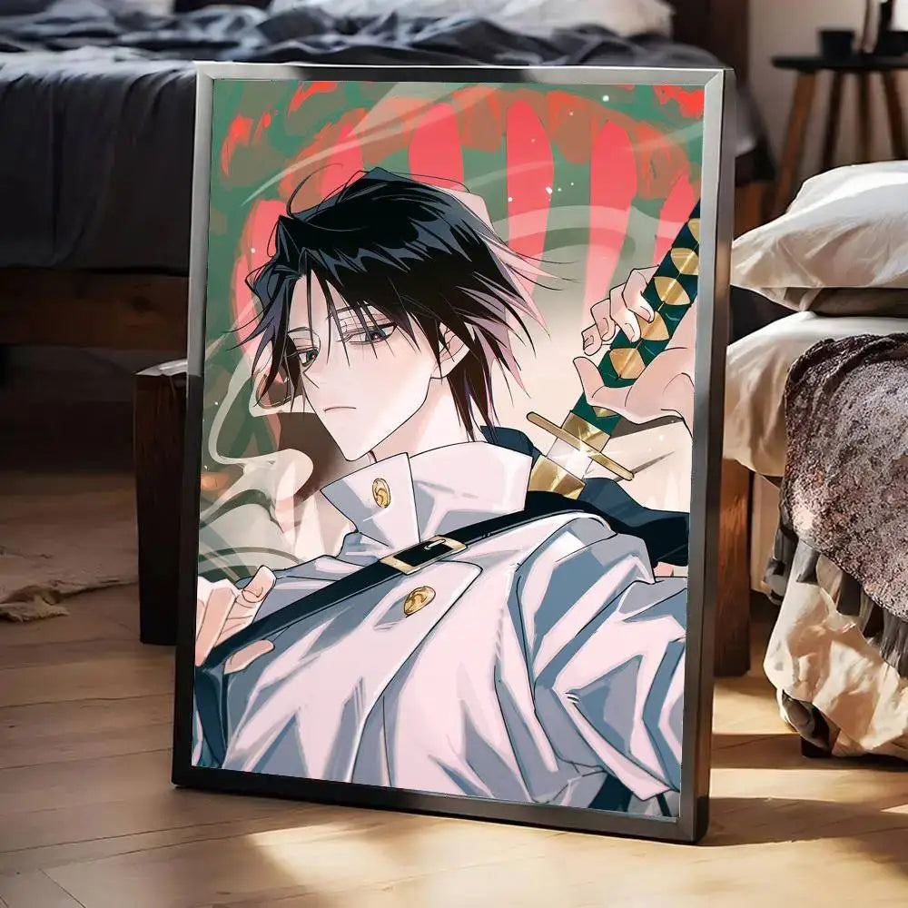 Poster Jujutsu Kaisen Yuta Fond Rayé : affiche encadrée avec personnage anime en tenue blanche, fond rouge et vert