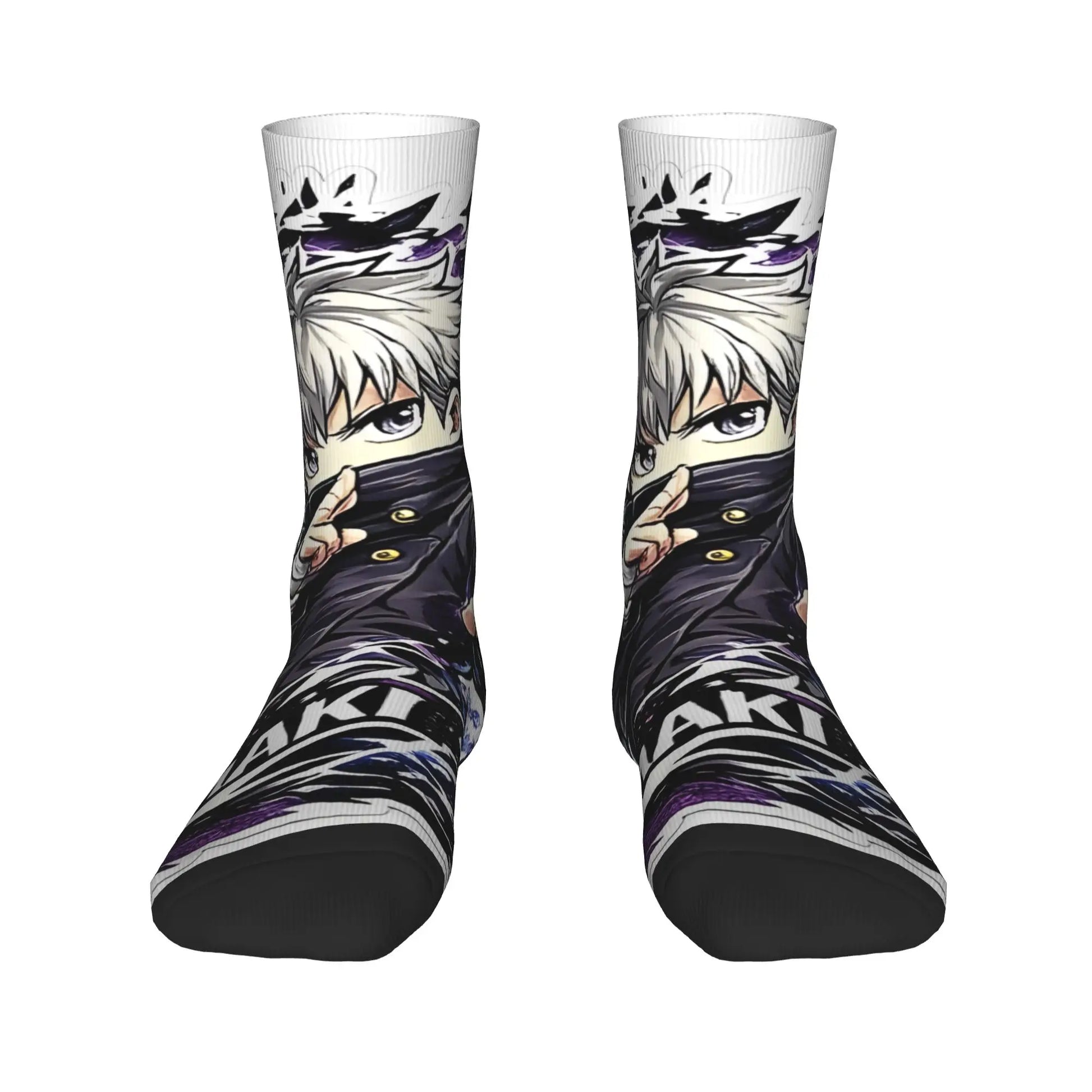 Paire de chaussettes montantes noir et gris, motif visage anime violet