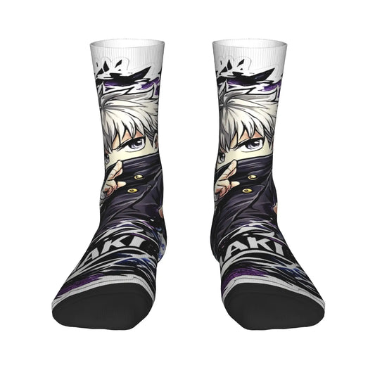 Paire de chaussettes montantes noir et gris, motif visage anime violet