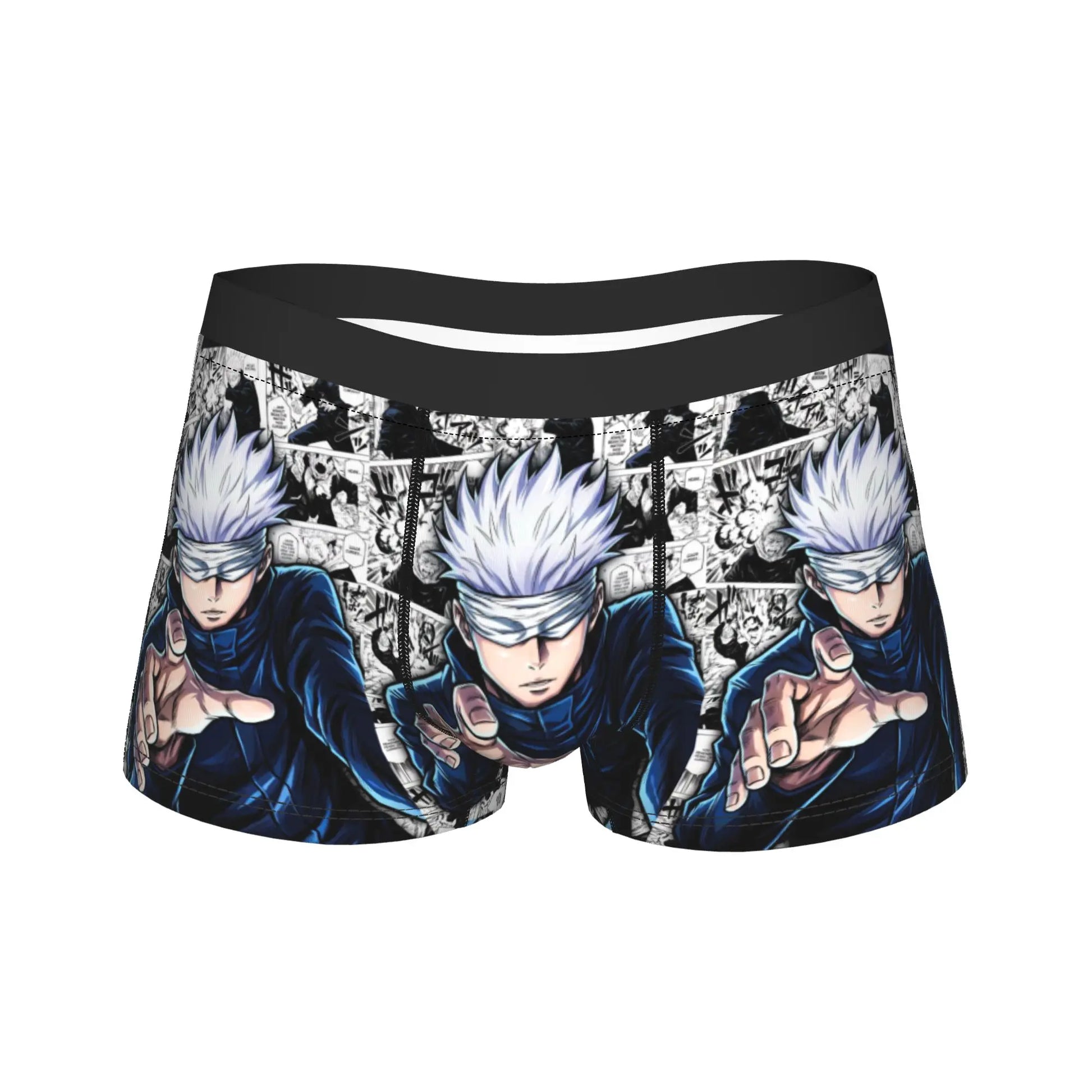 Boxer noir imprimé manga Satoru Gojo, ceinture noire, motifs sur les jambes.