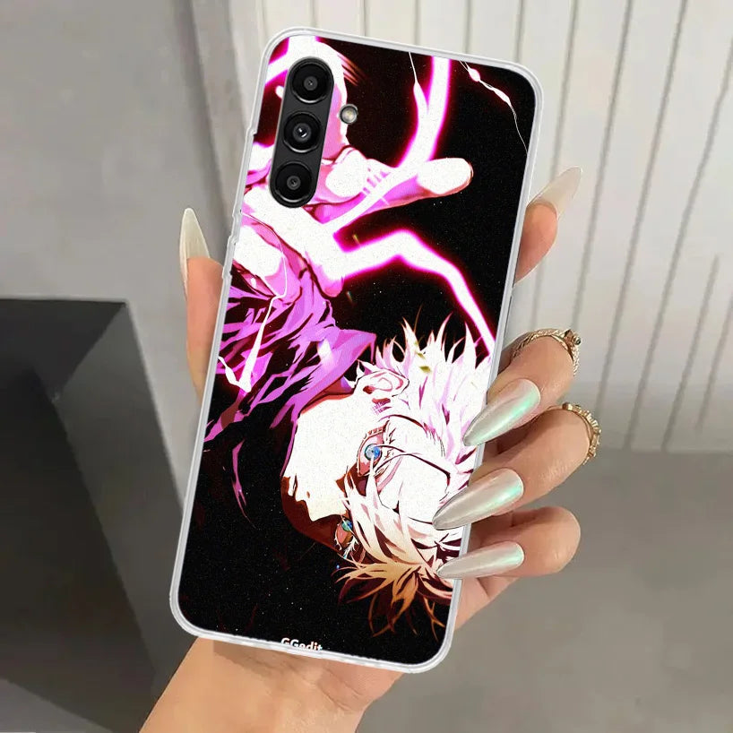 Coque Samsung Jujutsu Kaisen : coque de téléphone Samsung noire avec illustration Gojo Énergie rose et ouvertures caméra