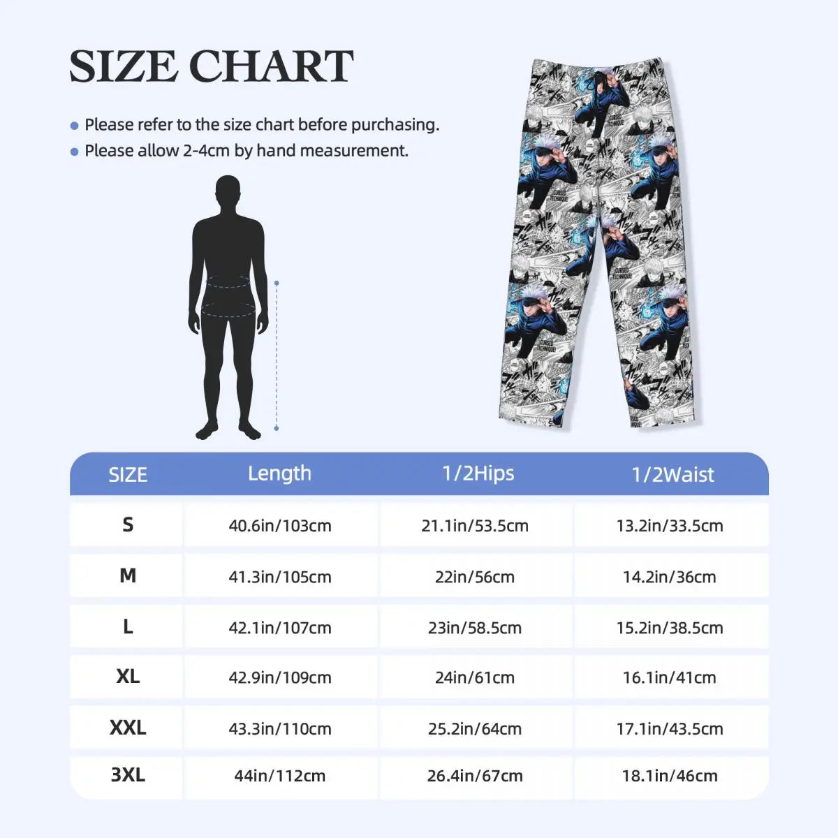 Pantalon de pyjama taille élastique, motifs personnages noirs et bleus, coupe longue
