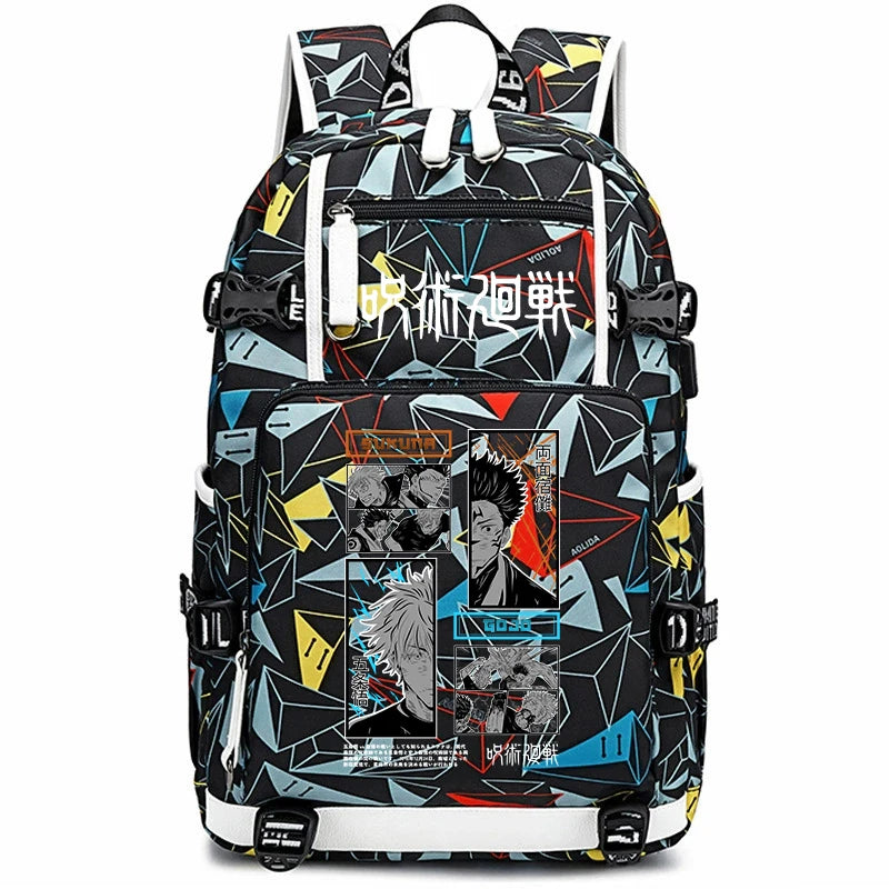 Sac à dos noir à motifs anguleux, bretelles blanches, grande poche avant zippée