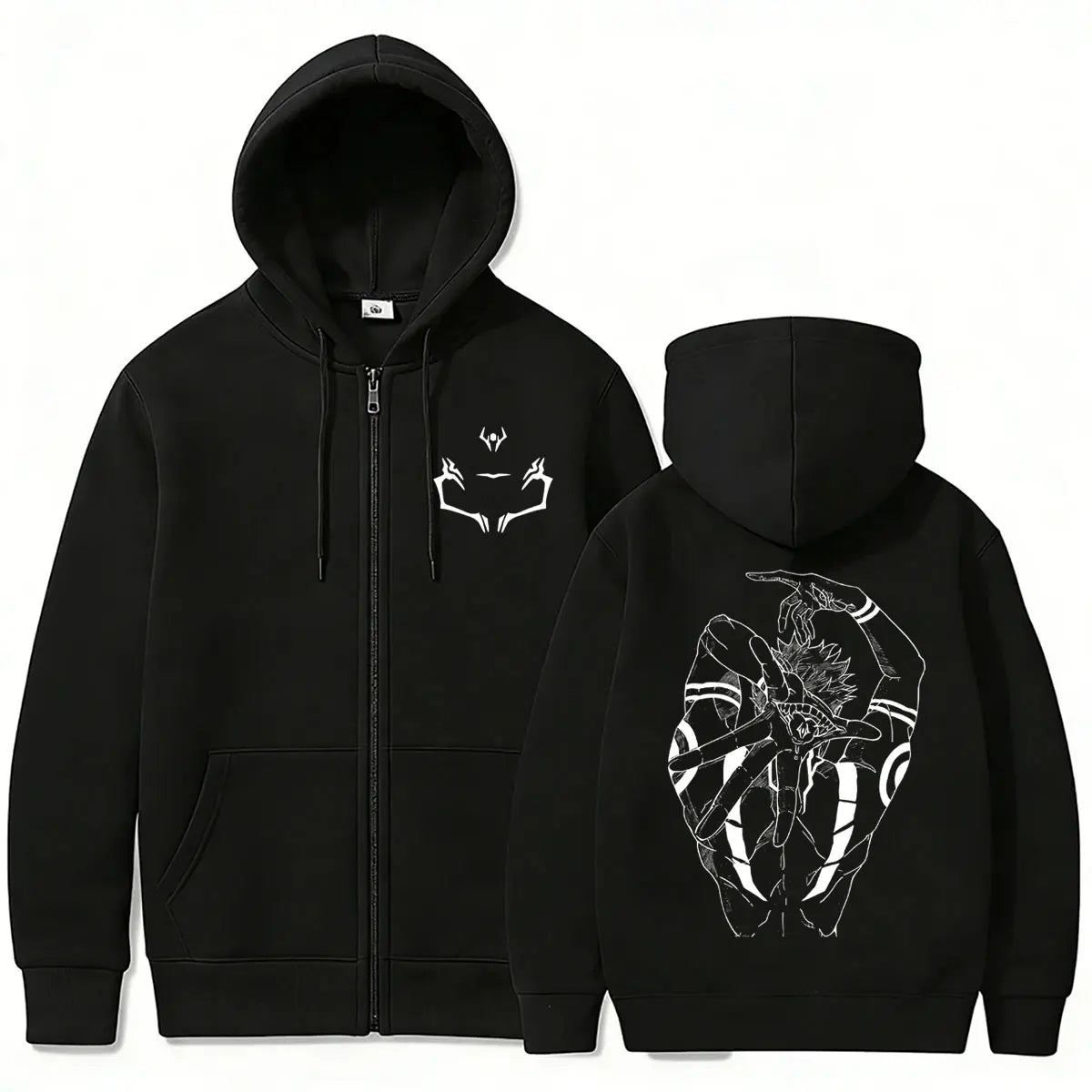 Veste à capuche zippée noire, imprimé démon aux yeux devant et dos, poches kangourou