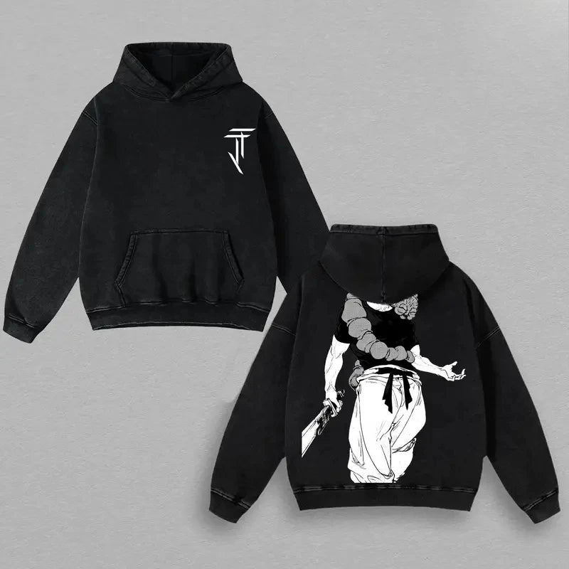 Pull Jujutsu Kaisen Toji Dos Hakama Blanc : à capuche noir avec impression graphique au centre et poches kangourou