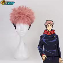 Perruque rose ébouriffée et costume sombre avec col rouge