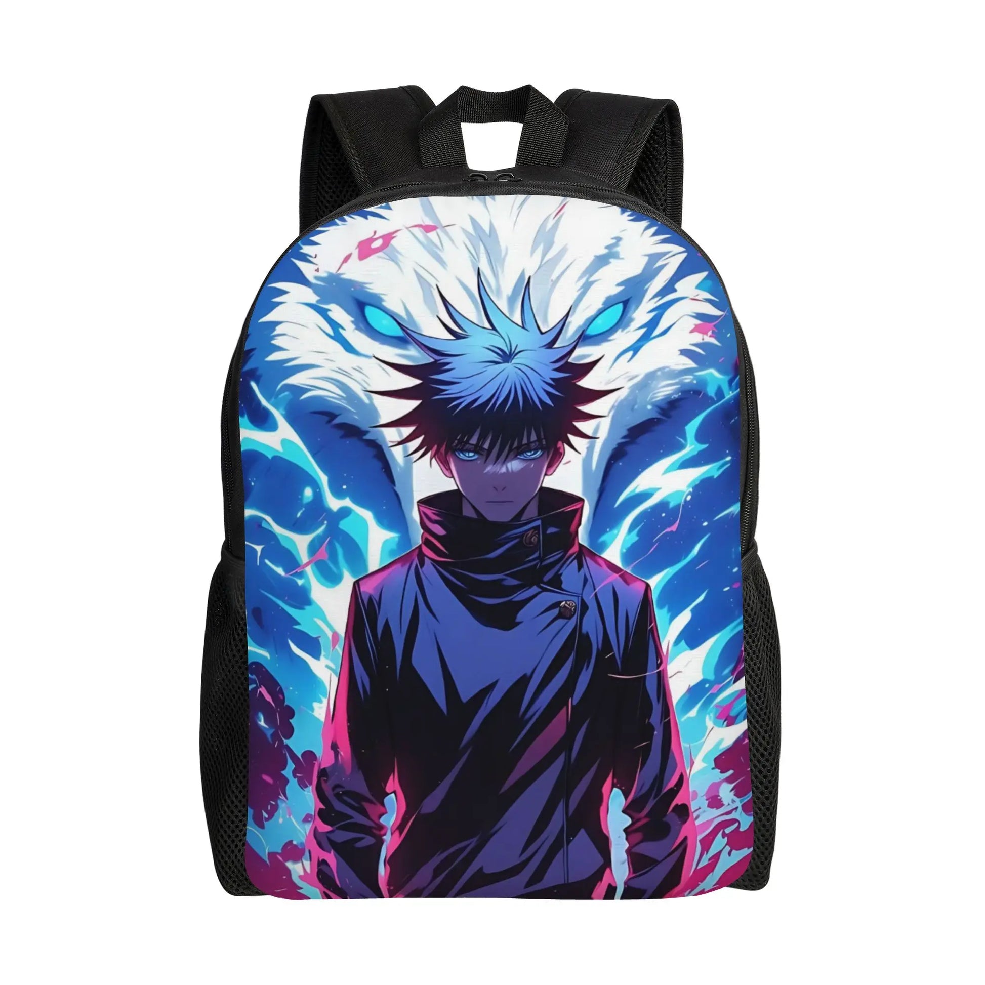 Sac à dos Jujutsu Kaisen noir avec illustration bleue d’un personnage anime