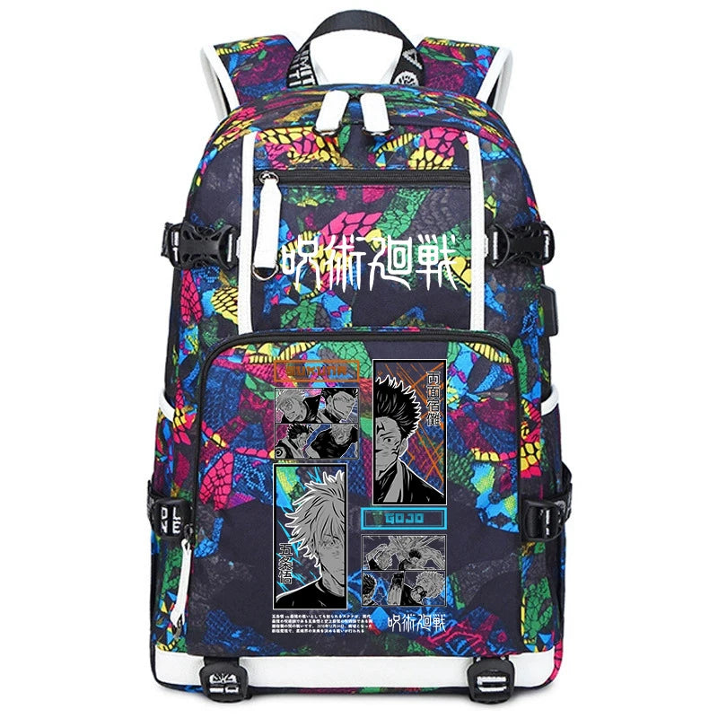 Sac à dos multicolore (noir, rose, bleu), bretelles blanches, poche avant zippée illustrée
