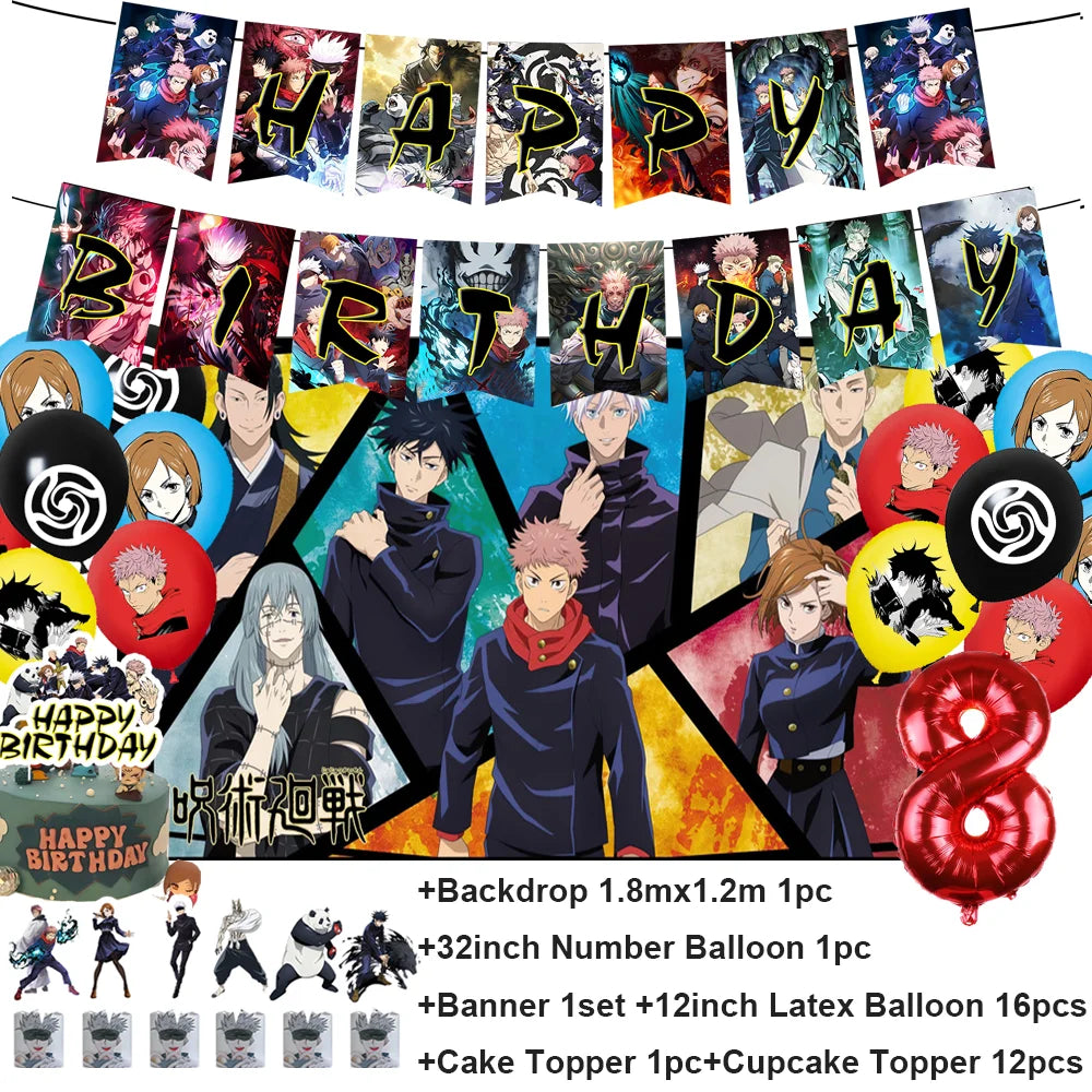 Décoration d’anniversaire Jujutsu Kaisen avec ballons et guirlande “Happy Birthday”, backdrop