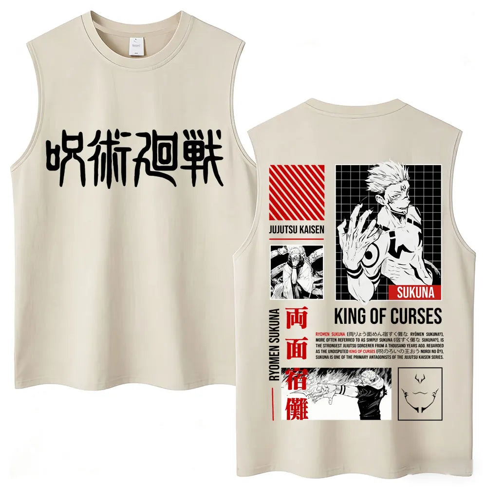 Débardeur Jujutsu Kaisen Sukuna King of Curses Grille : beige sans manches imprimé Sukuna King of Curses devant et dos