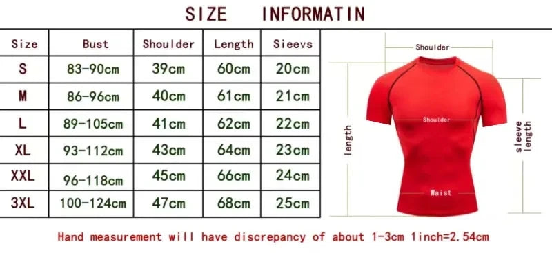 Tableau des tailles pour T-shirt de compression: buste, épaules, longueur et manches.
