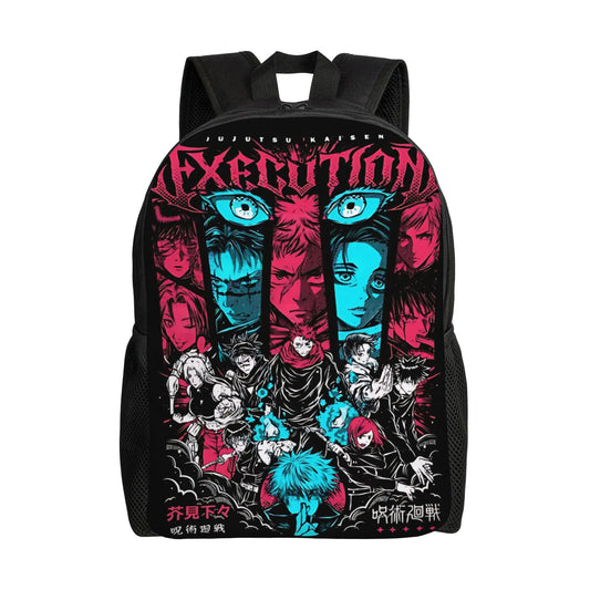 Sac à dos noir, grand visuel anime multicolore sur la face avant.