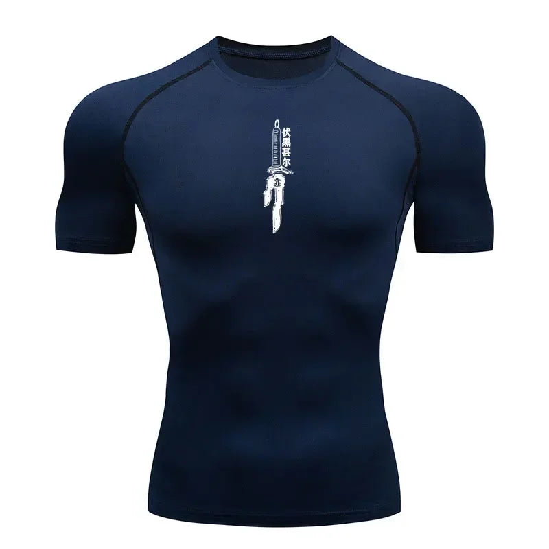 T-shirt de compression bleu marine, motif blanc d’épée verticale sur la poitrine.
