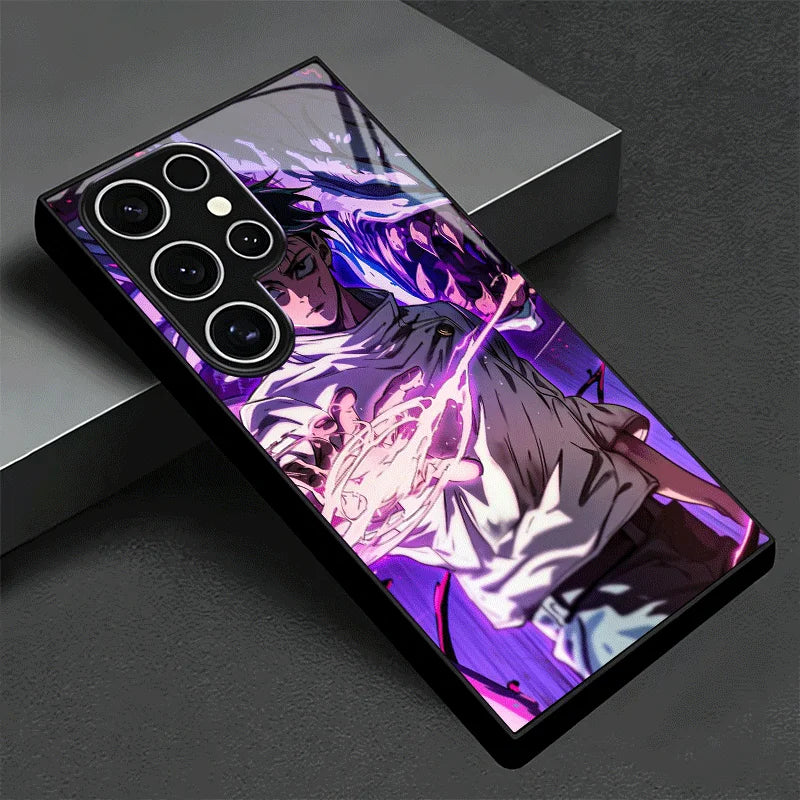 Coque Samsung Jujutsu Kaisen Yuta Énergie : coque de téléphone Samsung noire Jujutsu Kaisen, design violet avec découpes caméra