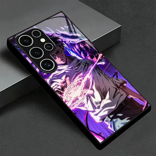 Coque Samsung Jujutsu Kaisen Yuta Énergie : coque de téléphone Samsung noire Jujutsu Kaisen, design violet avec découpes caméra