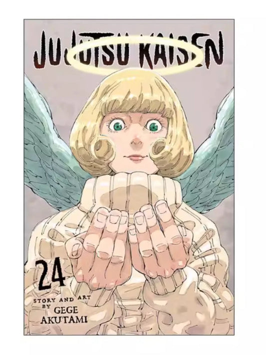 Libro Jujutsu Kaisen Volúmenes 24-26 en inglés: portada, personaje rubio alado con las manos juntas