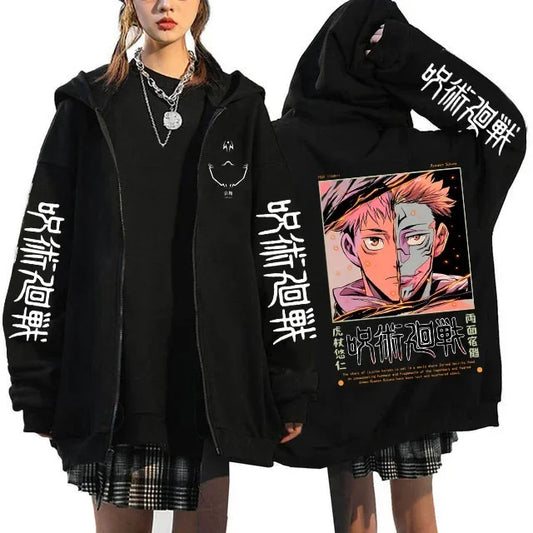 Chaqueta con capucha negra con estampado de rostro naranja y texto japonés en la parte delantera