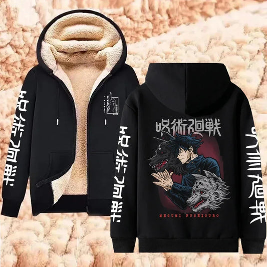 Chaqueta polar negra con capucha, cremallera delante, mangas estampadas y dibujo en la espalda