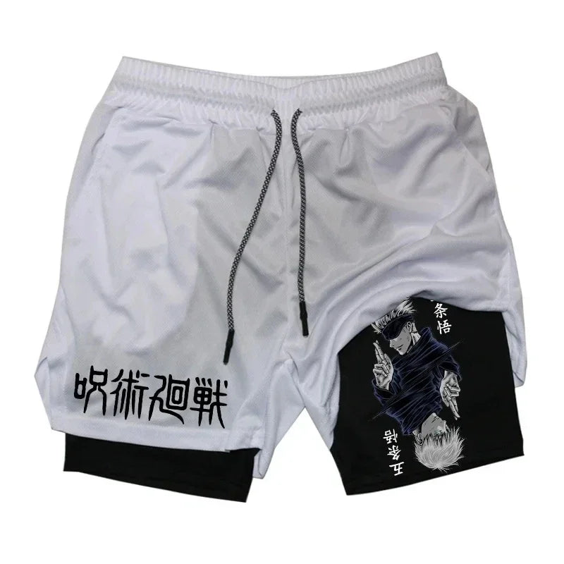 Short Jujutsu Kaisen Gojo Gris Encre Bleu Nuit : s gris clair à cordon, imprimé Jujutsu Kaisen noir et blanc sur jambe
