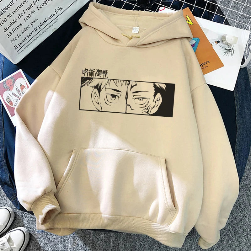 Pull à capuche beige, poche kangourou, grand imprimé manga noir