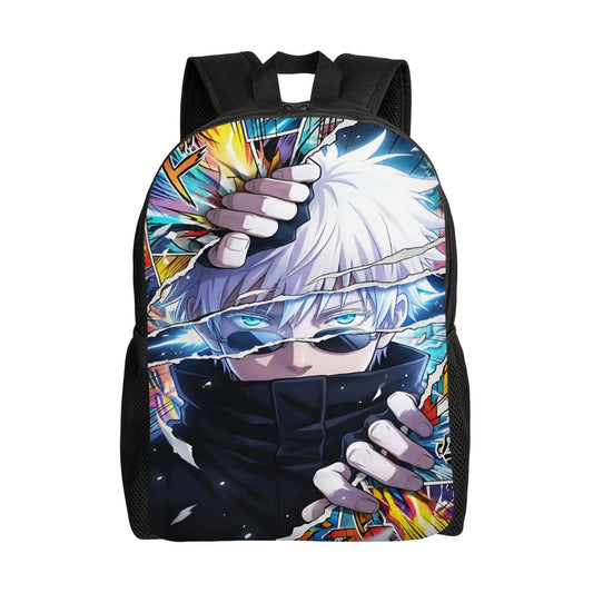 Sac à dos noir avec grand imprimé personnage aux cheveux blancs et lunettes