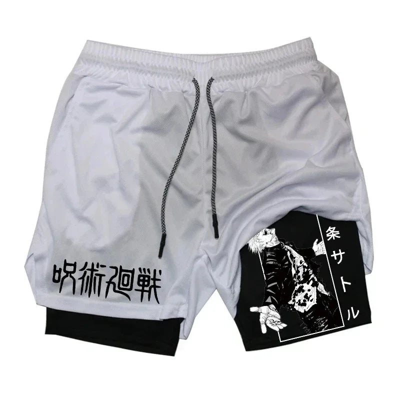 Short Jujutsu Kaisen Gojo Gris Colonne Katakana : gris clair avec cordon, impression graphique noire et inscriptions verticales sur la
