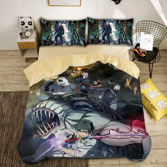 Parure de lit avec housse de couette et taies illustrées, style anime, tons sombres.