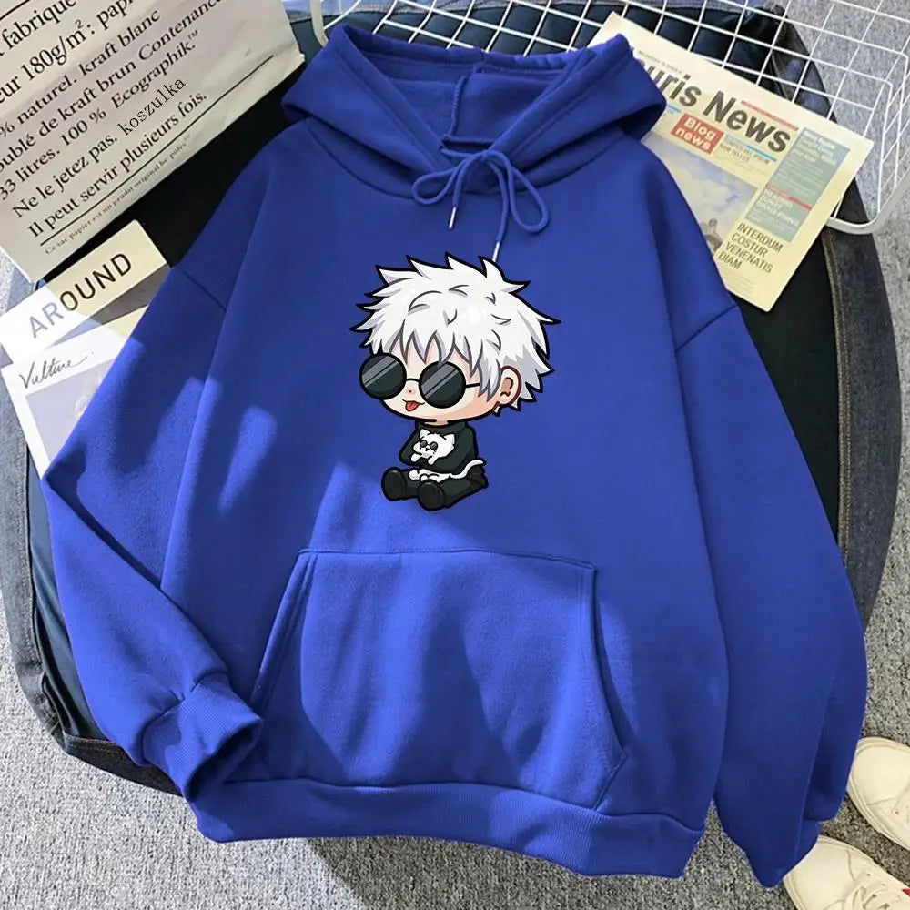 Royal blue hooded sweatshirt with kangaroo pocket, drawstring hood, and character chest print