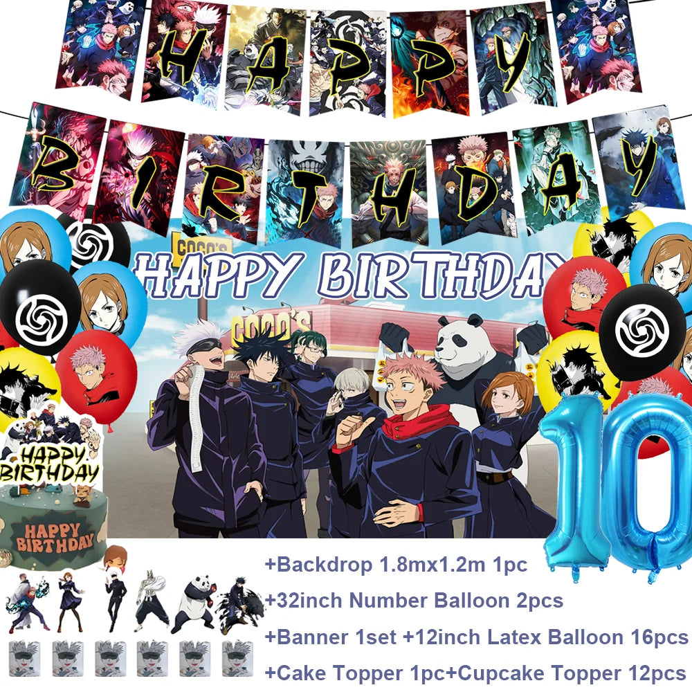 Kit déco anniversaire Jujutsu Kaisen : guirlande fanions, ballons chiffre 10, ballon panda