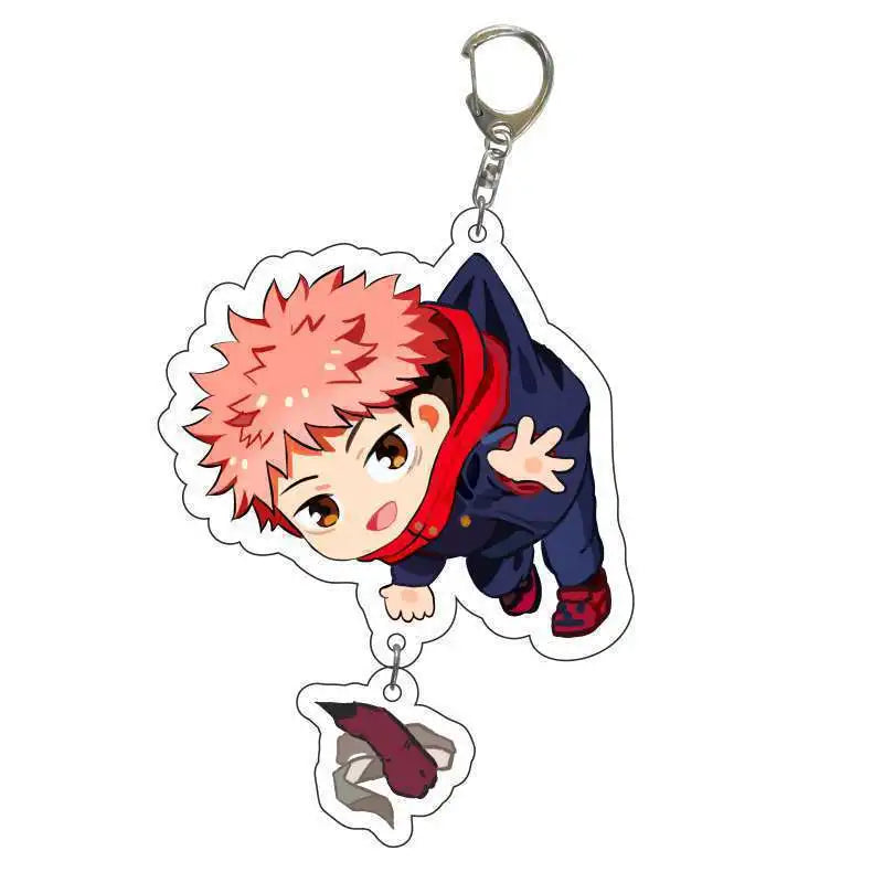 Porte-clés Yuji Itadori en figurine, cheveux rouges, tenue bleu marine, pose de paix