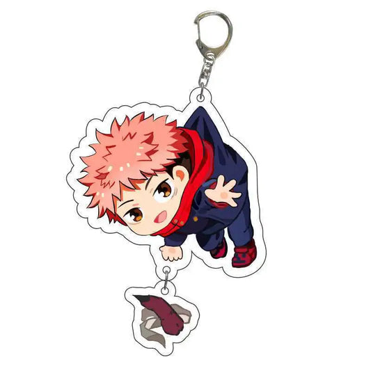 Porte-clés Yuji Itadori en figurine, cheveux rouges, tenue bleu marine, pose de paix