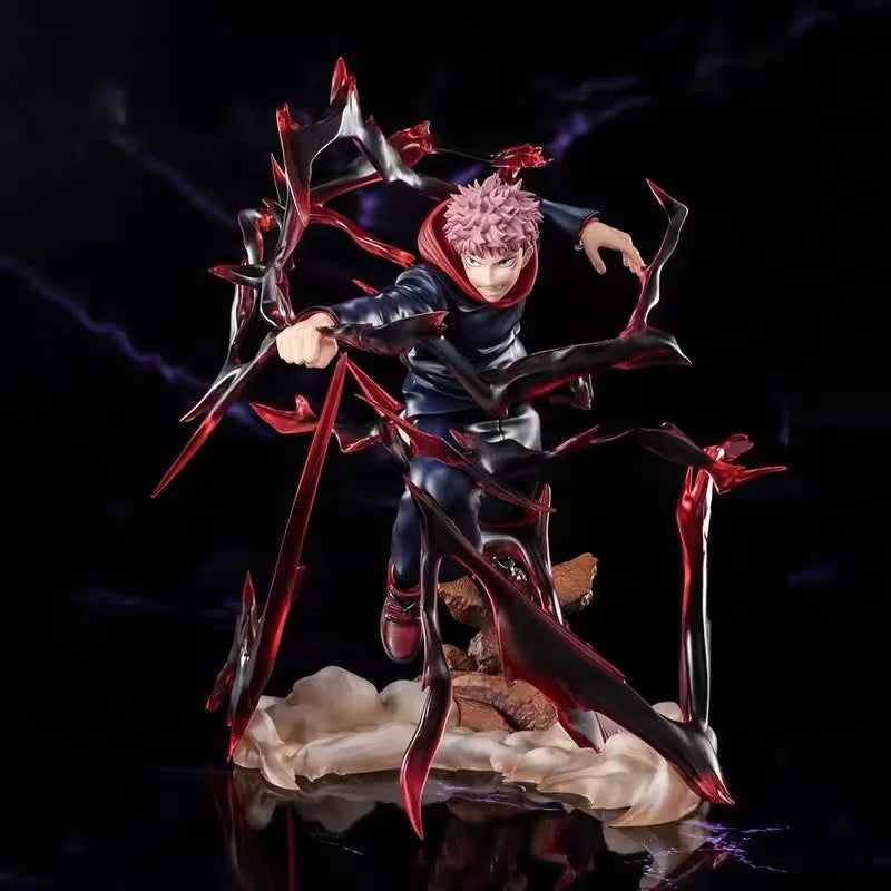 Figurine Démon Aura : personnage en tenue noire et bleue, cheveux roses, aura rouge, socle rocheux