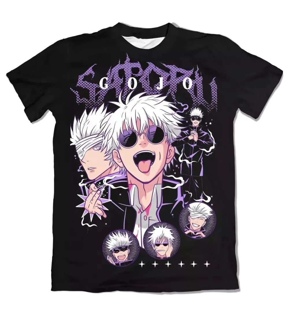 T-shirt Jujutsu Kaisen Gojo Satoru Collage Violet : noir avec collage violet et personnages manga au centre