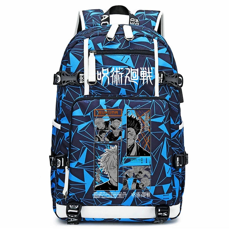 Sac à dos bleu à motifs géométriques, bretelles blanches et noires, poche avant zippée