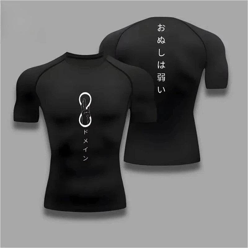 T-shirt de compression noir, manches courtes, logo symbole infini au devant et au dos