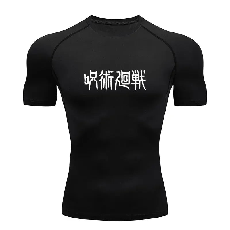 T-shirt de compression noir Jujutsu Kaisen avec impression de caractères japonais