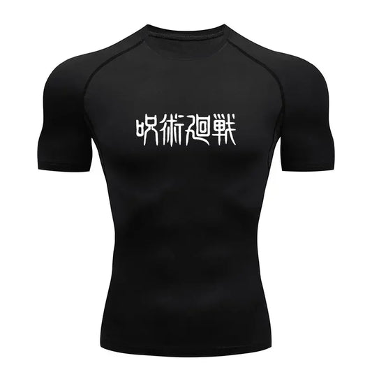 T-shirt de compression noir Jujutsu Kaisen avec impression de caractères japonais