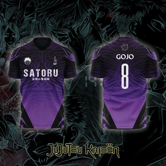 Camiseta de fútbol violeta de Gojo, número 8, motivos Jujutsu en la parte delantera y en la espalda