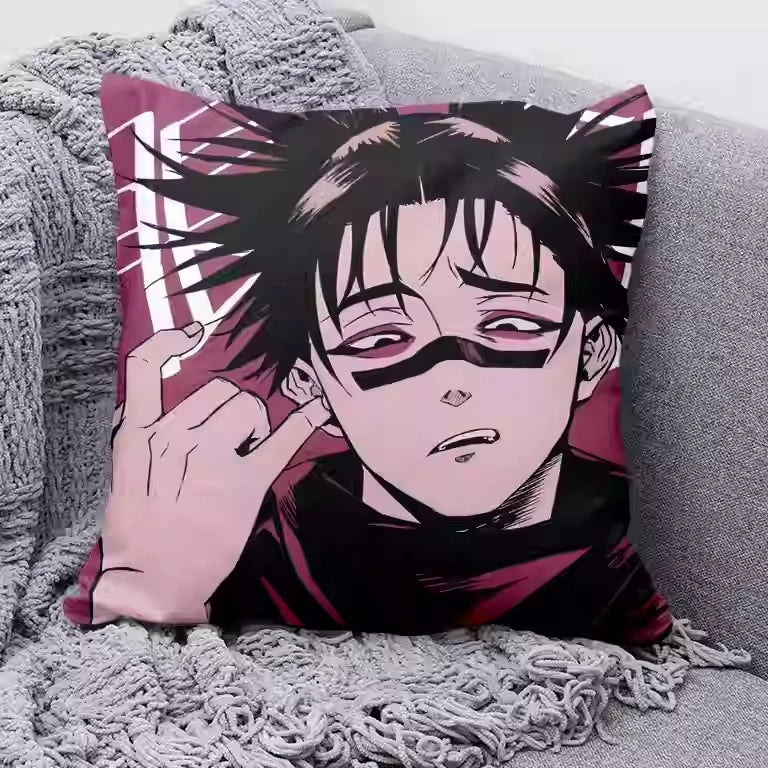 Coussin Jujutsu Kaisen Choso Masque Fond Bordeaux : décoratif fond bordeaux avec illustration visage manga et mains, motifs noir et rose