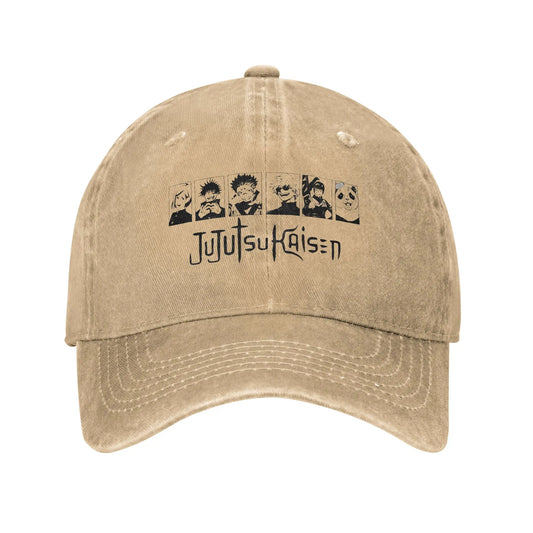 Casquette beige en coton, logo Jujutsu Kaisen et visages brodés à l’avant