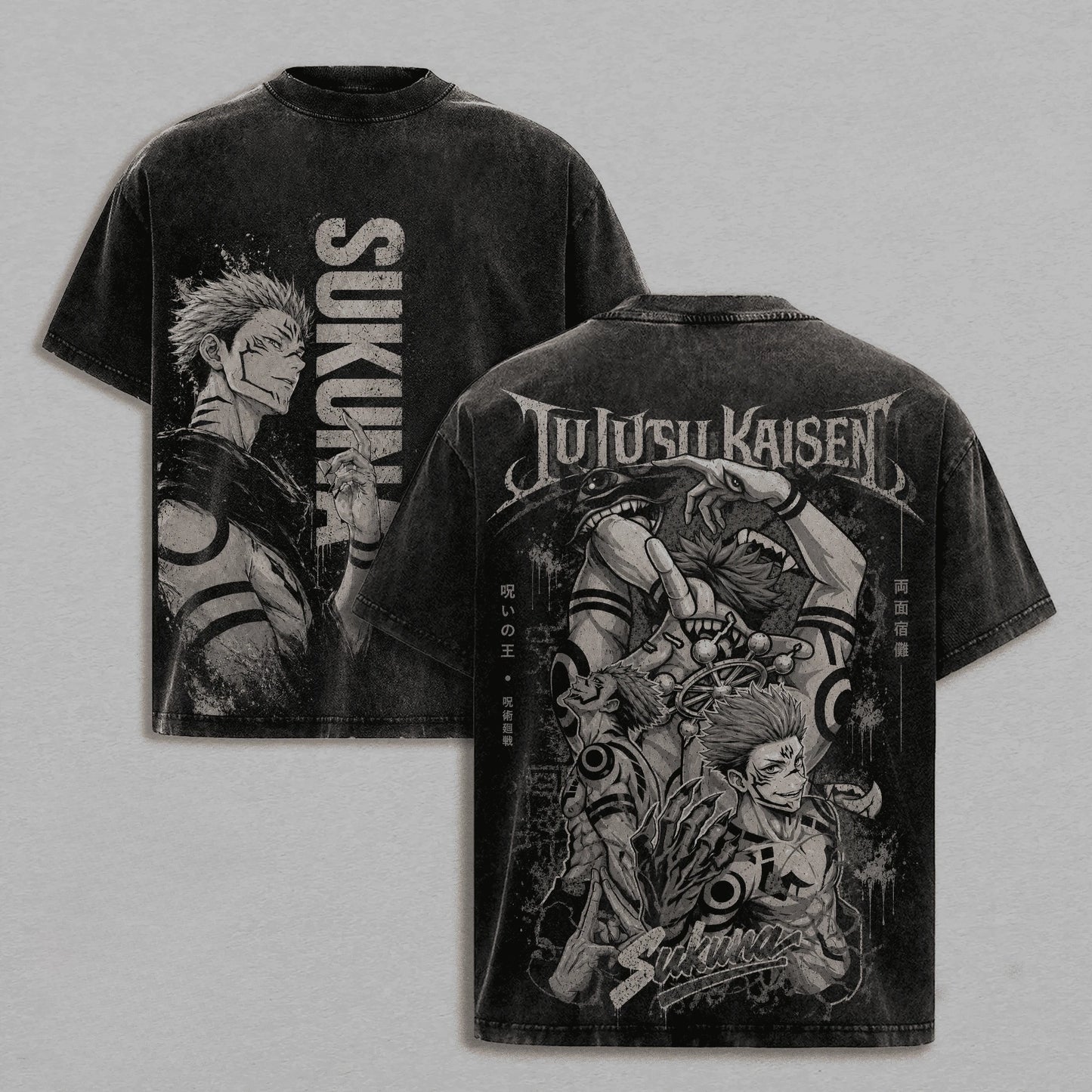 T-shirt col rond noir vintage, grande impression Sukuna au dos et devant.
