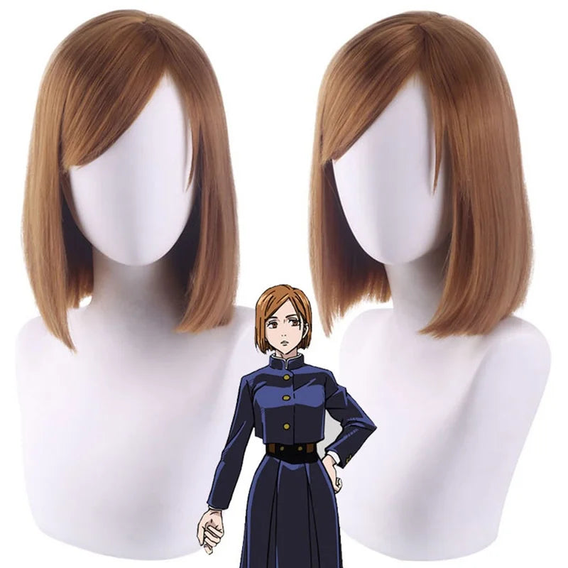 Perruque cosplay brune courte, raie sur le côté, mèches lisses