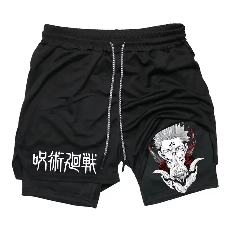 Shorts de sport noirs avec cordon et imprimé blanc avec détails rouges au bas de la jambe droite.