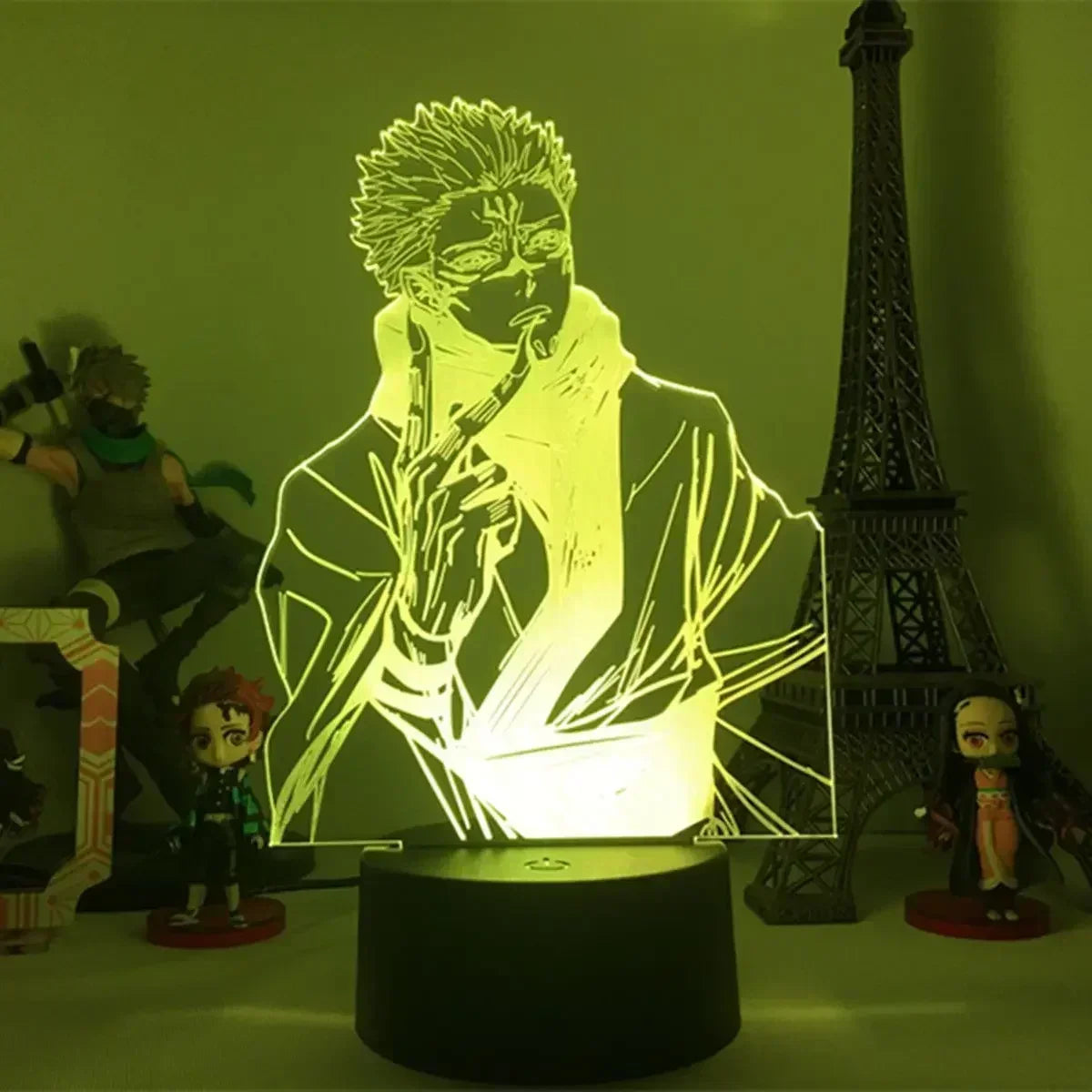 Lampe LED Jujutsu Kaisen avec silhouette de Gojo et lunettes rondes, base noire.