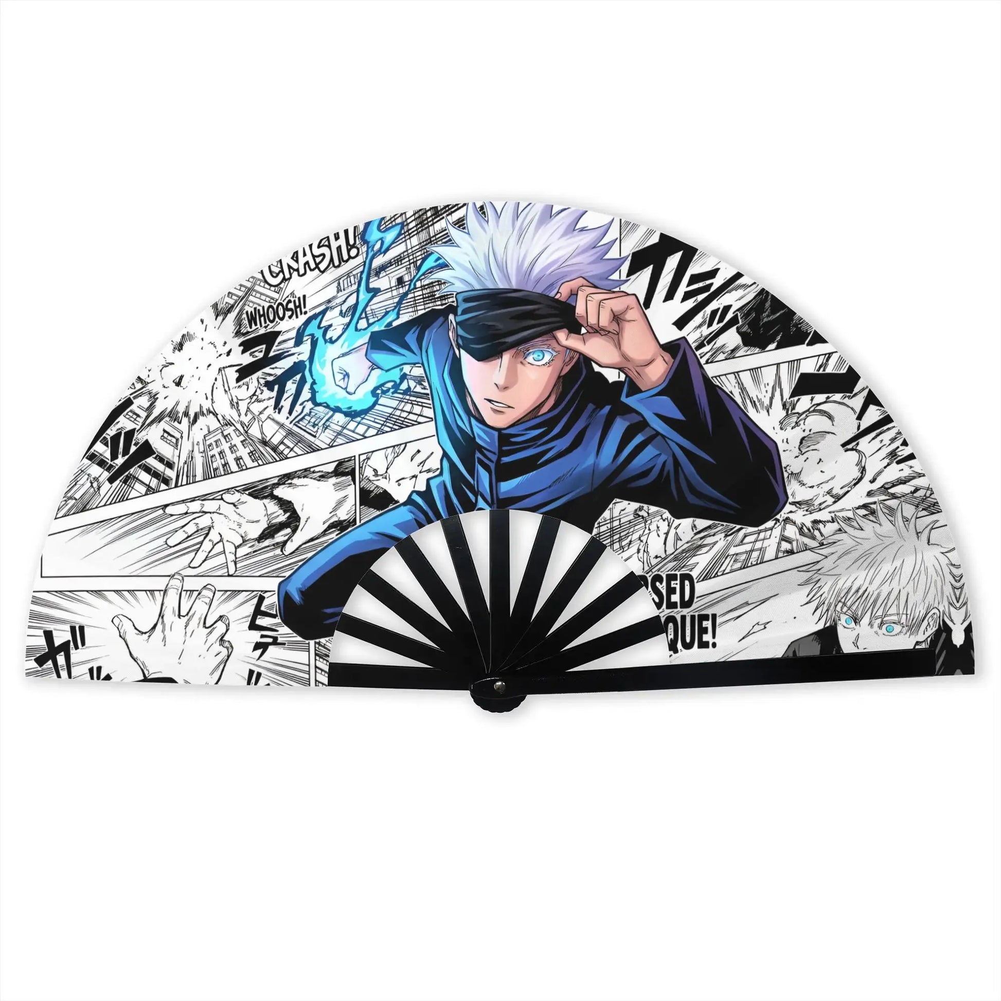 Éventail pliable illustré avec personnage bleu et noir, style manga