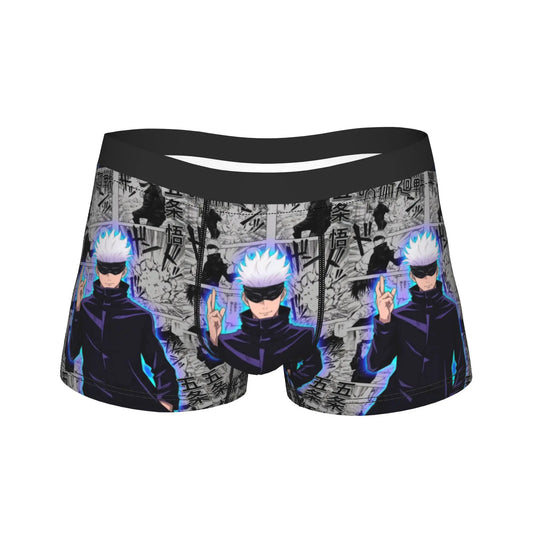 Boxer noir imprimé personnages bleus et violets, ceinture élastique noire.